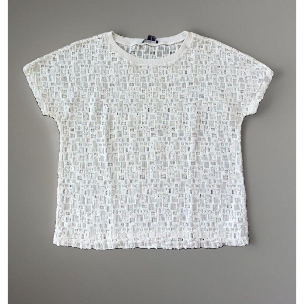Vince Geometric Lace Crochet Top Short Sleeve White Mesh Knit Size M